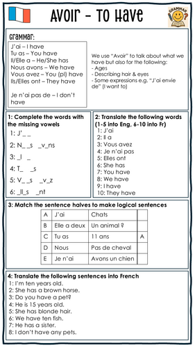 KS3 French - Avoir | Teaching Resources