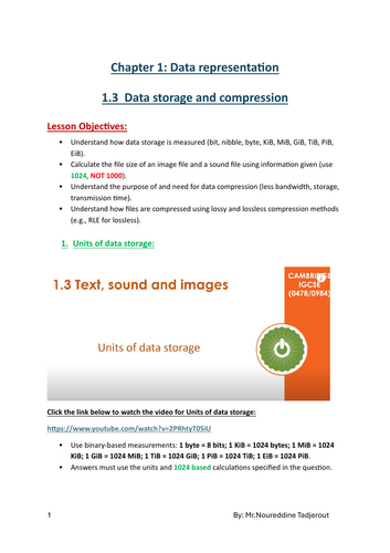 IGCSE Computer Science 0478: 1.Data Representation:1.3 Data storage and compression
