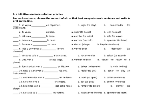 Ir a infinitive sentence selection practice