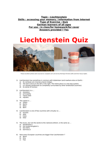 Liechtenstein Quiz (multiple choice), 40 questions with answers, for all learners of German
