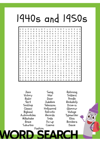 1940s and 1950s Word Search Activity Puzzle Worksheet