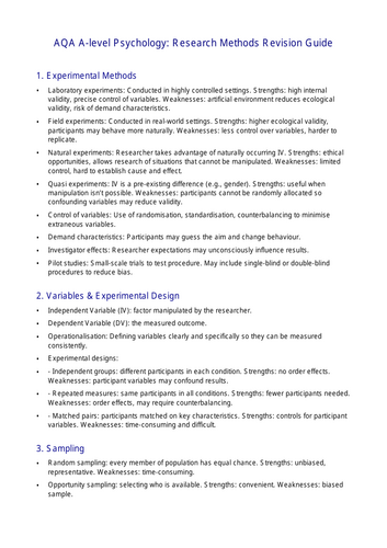 Research Methods Revision Guide - A Level Psychology - Paper 2 Psychology in Context