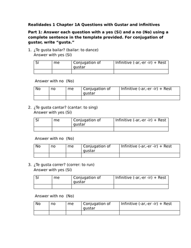 Realidades 1 Chapter 1A Questions with Gustar and infinitives
