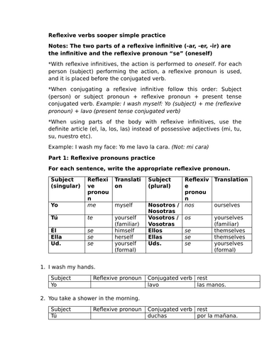 Reflexive verbs sooper simple practice