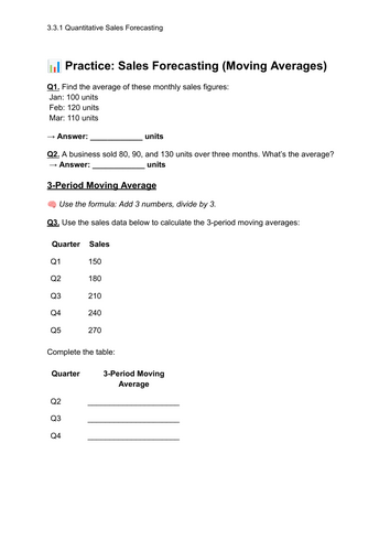 A Level Business 3.3.1 Quantitative Sales Forecasting Worksheet