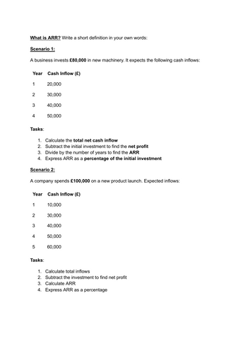 A Level Business 3.3.2 ARR Worksheet