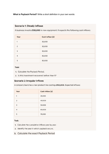 A Level Business 3.3.2 Payback Period Worksheet