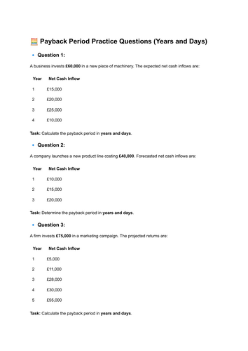 A Level Business 3.3.2 Payback Period Worksheet