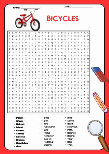 Bicycles Word Search Activity Puzzle Worksheet