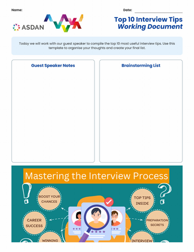 ASDAN Careers and Experiencing Work - Career Development - Interview Top Tips - A5