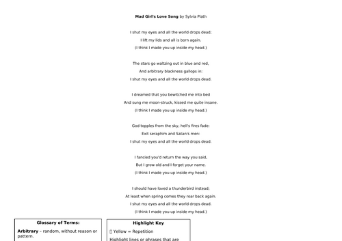 Sylvia Plath Mad Girl's Love Song Poetry Analysis Lesson / Unseen Poem