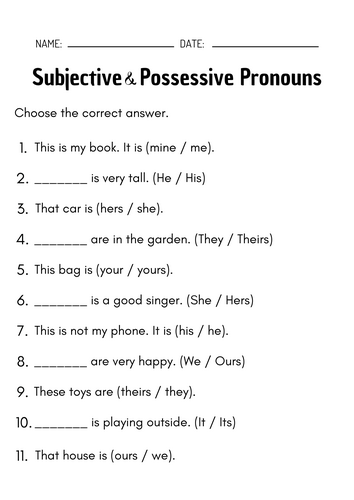 Subjective & Possessive Pronouns Worksheets