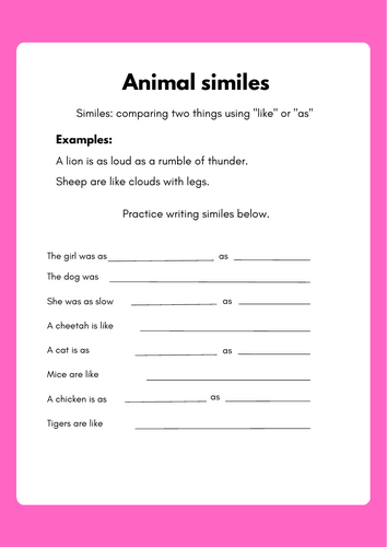 Animal similes sheet