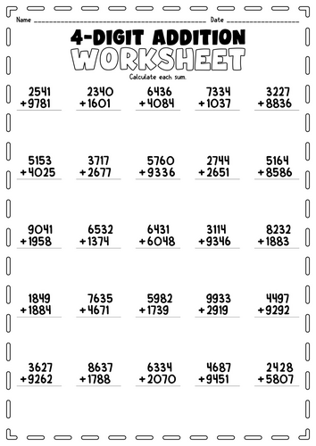4-Digit Addition Worksheet: Mastering Larger Sums