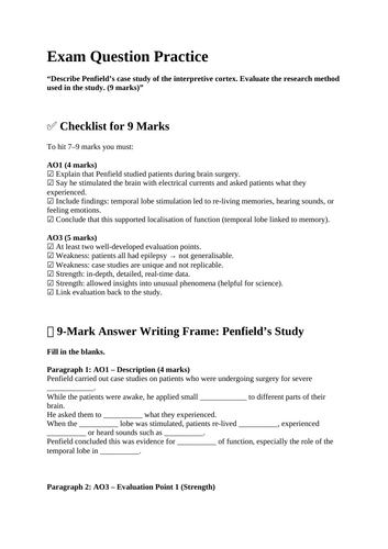 9 mark exam practice of Penfield's study of the interpretive cortex - GCSE AQA Psychology - Paper 2