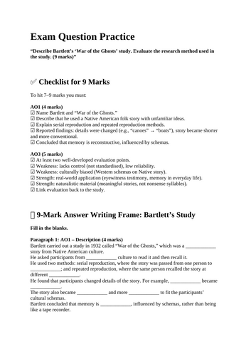 9 mark exam practice on Bartlett's War of Ghost study - Reconstructive Memory - GCSE Psychology AQA