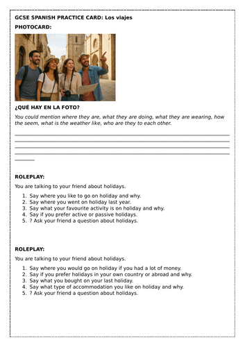 GCSE SPANISH: Las vacaciones topic card