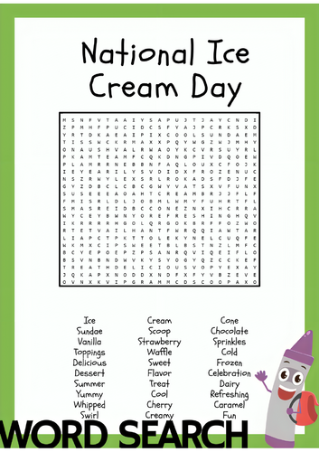 National Ice Cream Day Word Search Activity Puzzle Worksheet