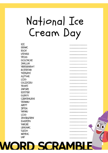 National Ice Cream Day Word Scramble Activity Worksheet