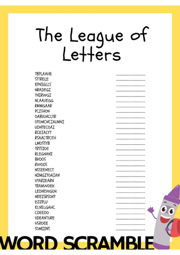 The League of Letters Word Scramble Activity Worksheet