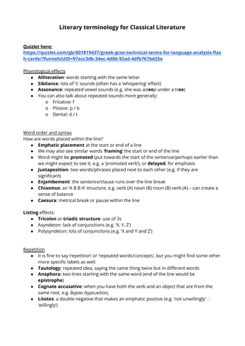 Literary Terminology for GCSE Latin/Greek