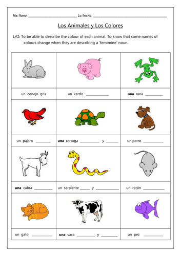 SPANISH - LOS ANIMALES - ANIMALS AND COLOURS
