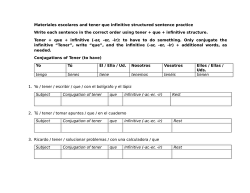 Materiales escolares and tener que infinitive structured sentence practice