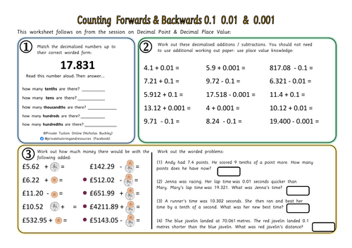 Counting Forwards & Backwards in Tenths, Hundredths & Thousandths