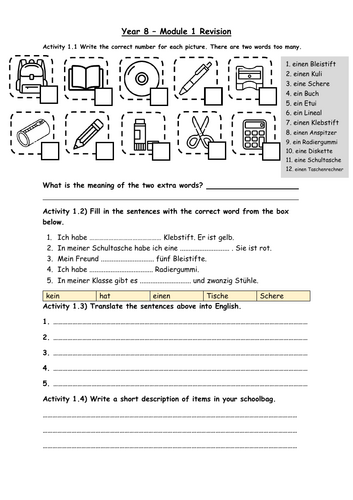 Year 7 German revision - Basics and pencil case items