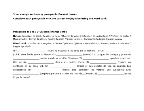 Stem change verbs easy paragraph (Present tense)