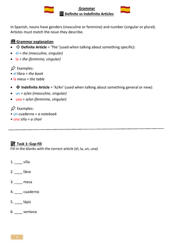 Spanish Grammar – Definite vs Indefinite Articles | KS3 Worksheet + Activities