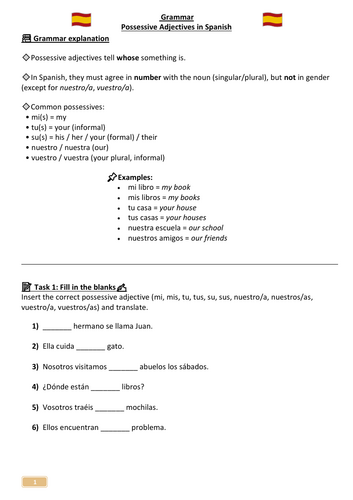 Spanish Grammar – Possessive Adjectives | KS3 Worksheet + Teacher Answers