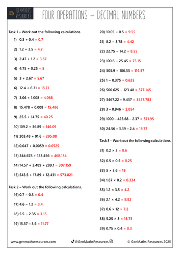 Four Operations Decimal Numbers - Maths GCSE Worksheet