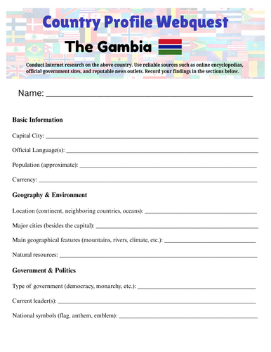 Country Profiles: The Gambia Webquest Worksheet