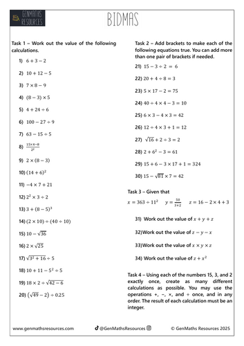 BIDMAS - Maths GCSE Foundation Worksheet