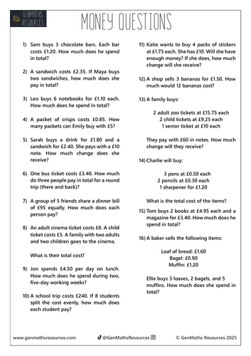 Money Questions - Maths GCSE Foundation Worksheet