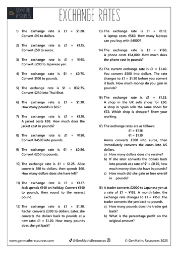 Exchange Rates - Maths GCSE Foundation Worksheet