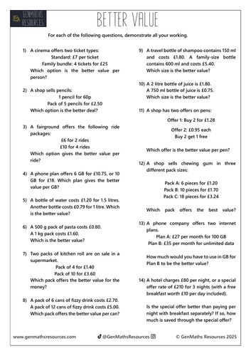 Better Value (Best Buys) - Maths GCSE Foundation Worksheet