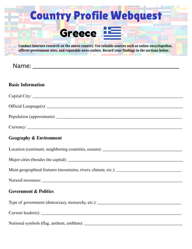 Country Profiles: Greece Webquest Worksheet