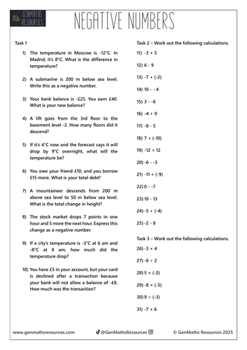 Negative Numbers - Maths GCSE Foundation Worksheet