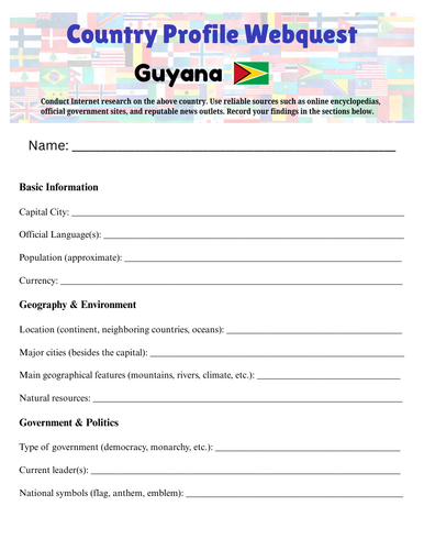 Country Profiles: Guyana Webquest Worksheet