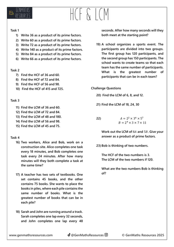 HCF & LCM - Maths GCSE Foundation Worksheet