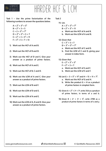 Harder HCF & LCM Worksheet - Maths GCSE Foundation Worksheet