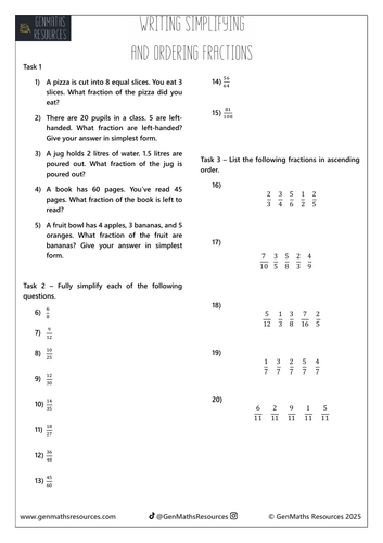 Writing, Simplifying and Ordering Fractions - Maths GCSE Foundation Worksheet
