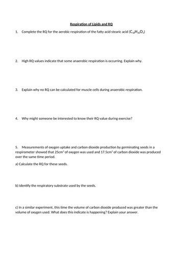 Respiratory Substrates and Respiratory Quotient (RQ) Worksheet