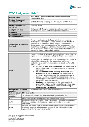 Btec Level 3 Uniformed Protective Services - Unit 18 Criminal Investigations Assignment Briefs