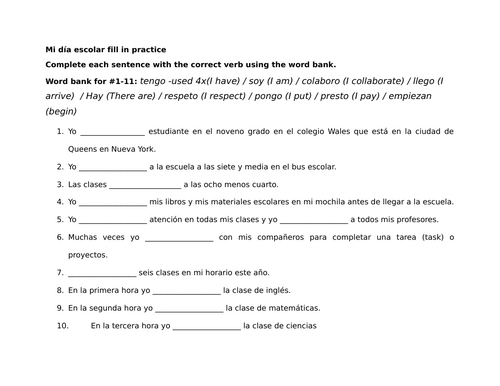 Mi día escolar fill in practice