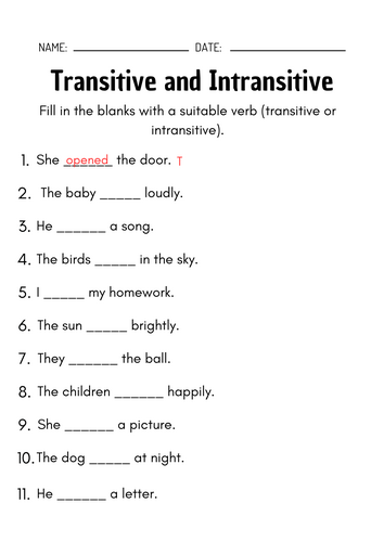 Transitive and Intransitive Verbs Worksheets
