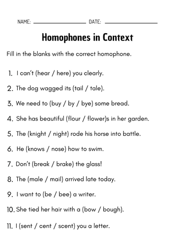 Homophones and Homographs – Grammar Worksheets