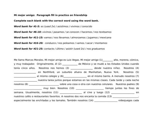 Mi mejor amigo: Paragraph fill in practice on friendship